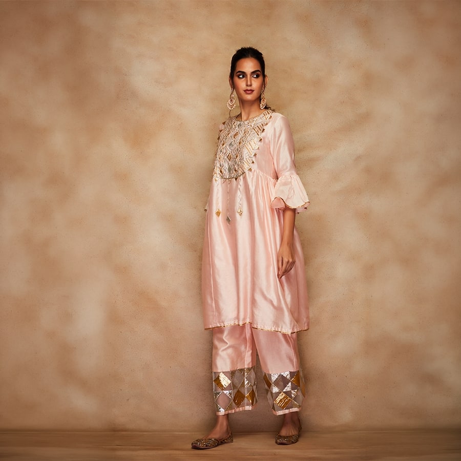 Peach Chanderi Silk Gota Memoni