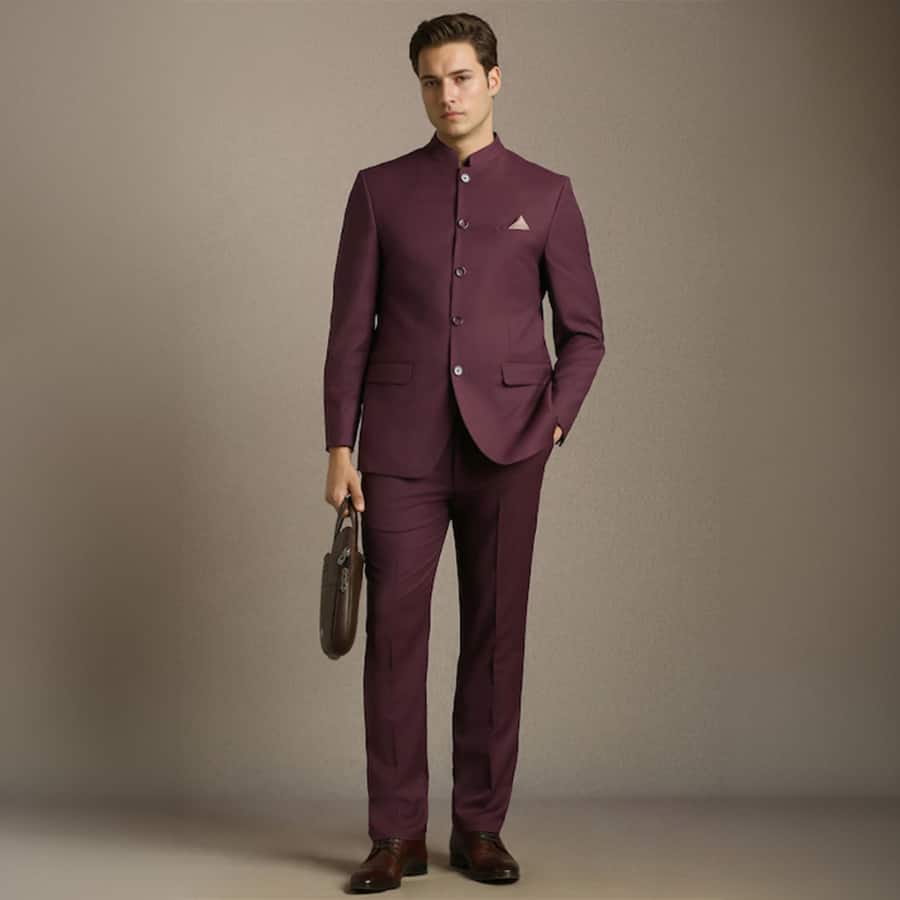 Men Maroon Regular Fit Textured Party Two Piece Suit