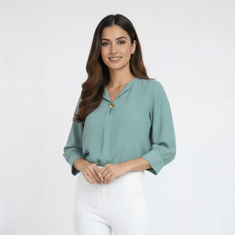 Solid Polyester V-Neck Women's Top