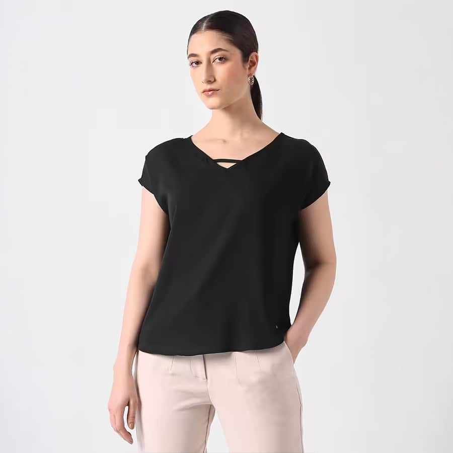 Solid Polyester V-Neck Women Top