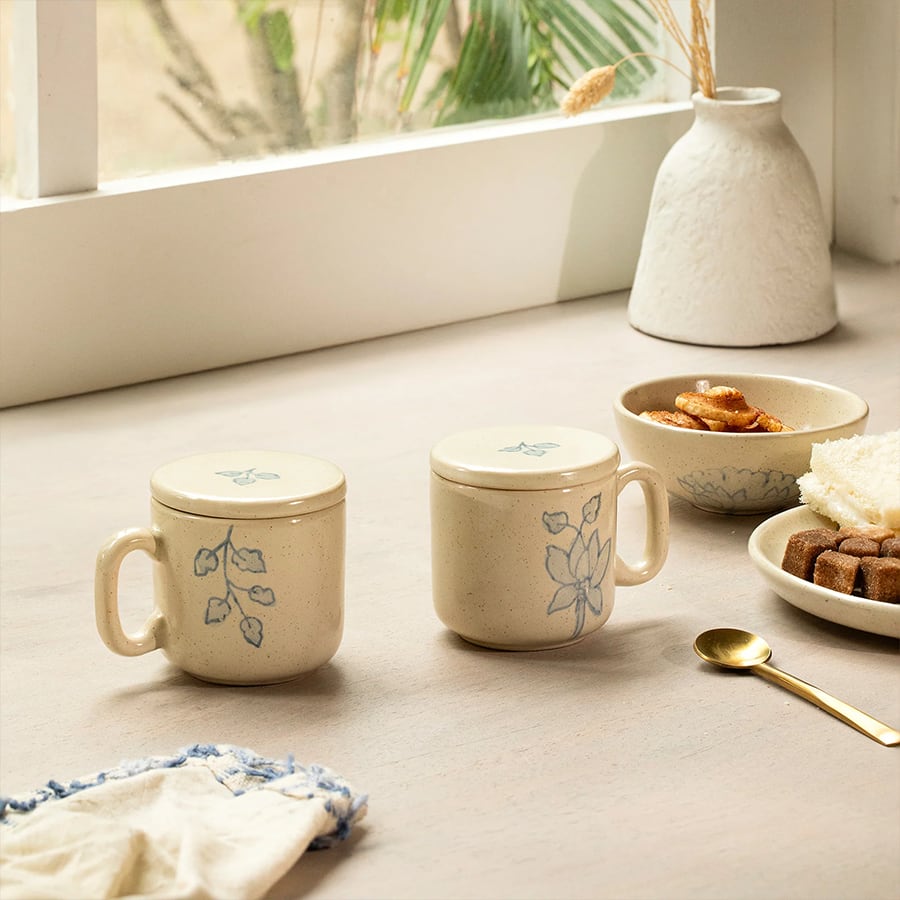 Fiore Ceramic Mug Set of Two with Lid