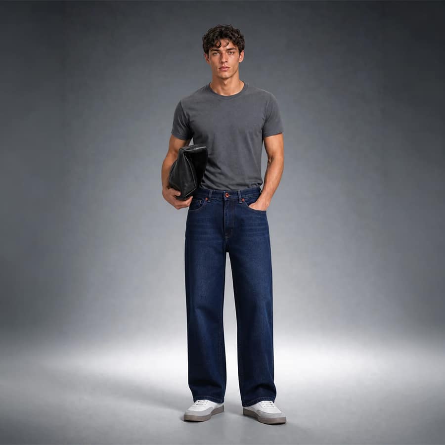 Bear Neo Dark Blue Mid-Rise Baggy Fit Jeans with Light Fade