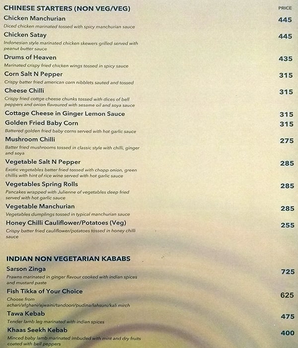 Hotel Western Court Chandigarh menu