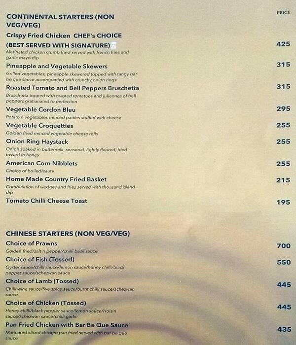 Hotel Western Court Chandigarh menu