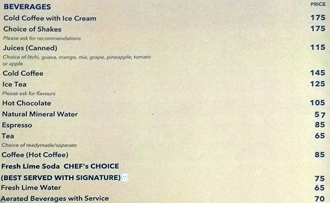 Hotel Western Court Chandigarh menu