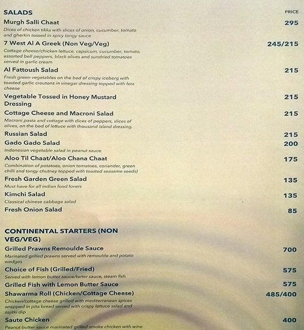 Hotel Western Court Chandigarh menu