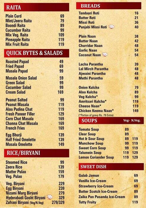 Zaika - Restaurant & Bar menu