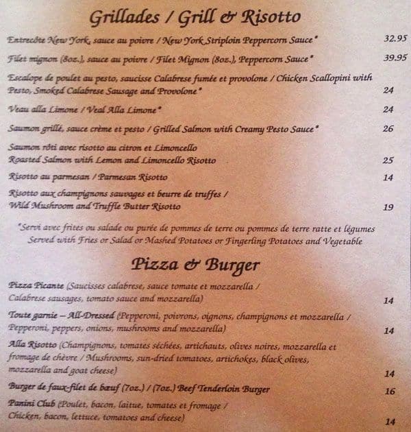 Menu at Restaurant Le Risotto, Gatineau