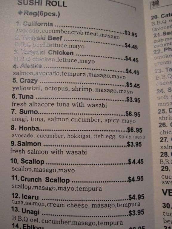 Honba Sushi Menu, Menu for Honba Sushi, St. Boniface, Winnipeg