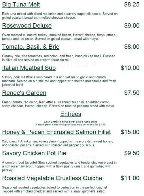 Menu at Rosewood Cafe,