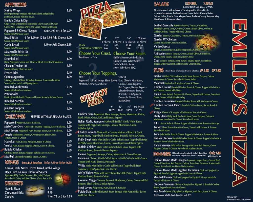 Menu at Emilio's Pizza pizzeria, Strongsville