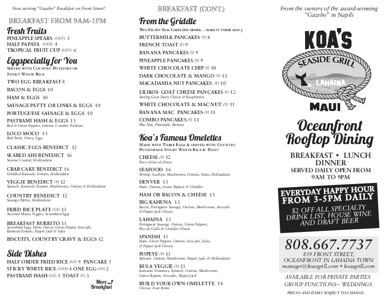 Koa Seaside Grill Menu, Menu for Koa Seaside Grill, Lahaina, Rest of ...