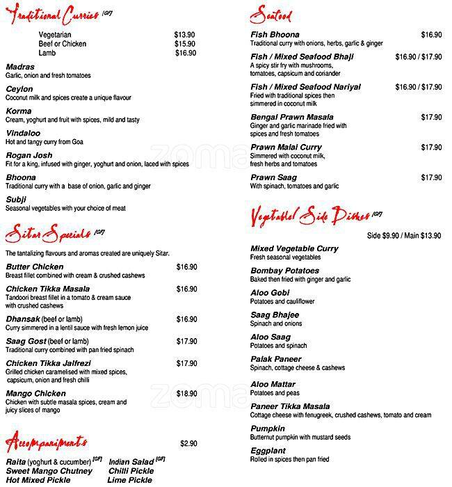 Menu at Sitar Indian Restaurant, Rockhampton City, 3/376 Dean St