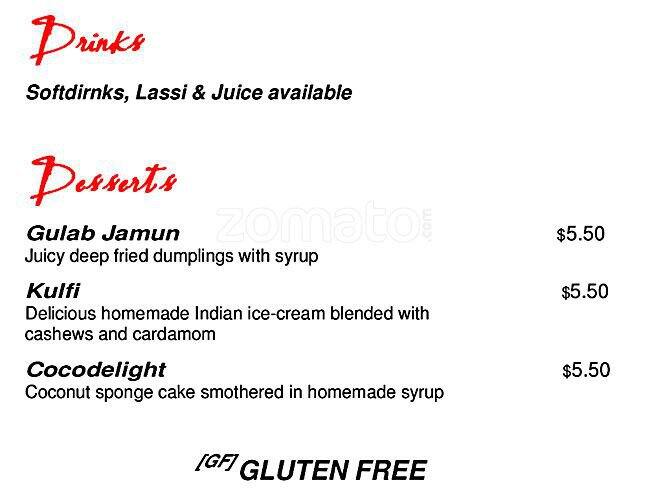 Menu at Sitar Indian Restaurant, Rockhampton City, 3/376 Dean St