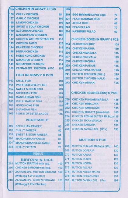 Menu at Zafran The King Of Flavors, Kolkata
