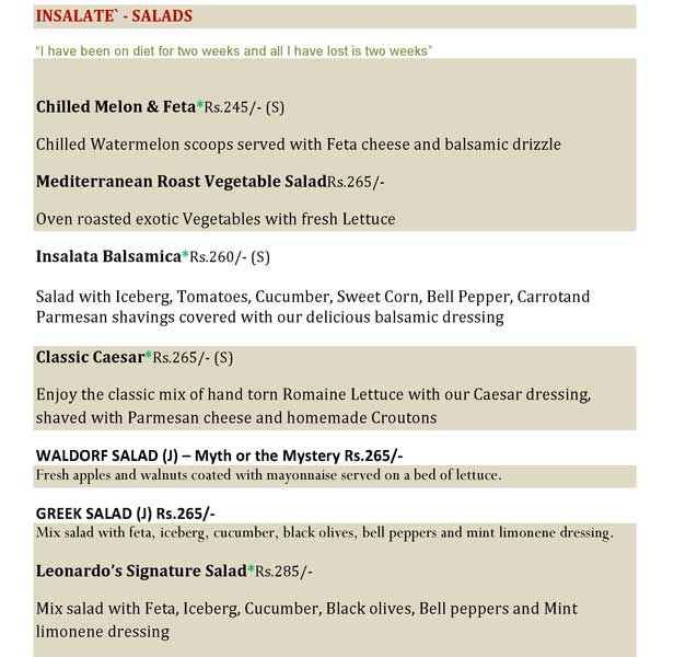 Leonardo Italian Mediterranean Dining menu