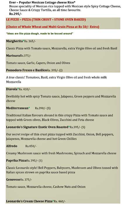 Leonardo Italian Mediterranean Dining menu