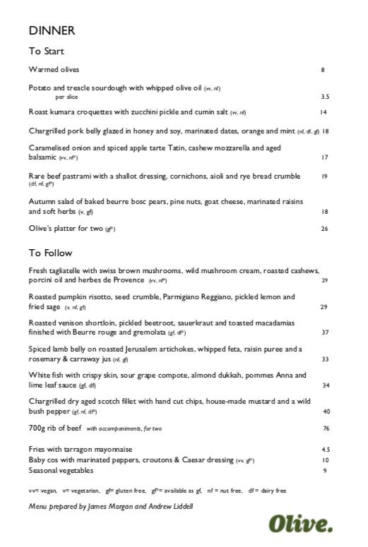 Menu at Olive cafe, Wellington