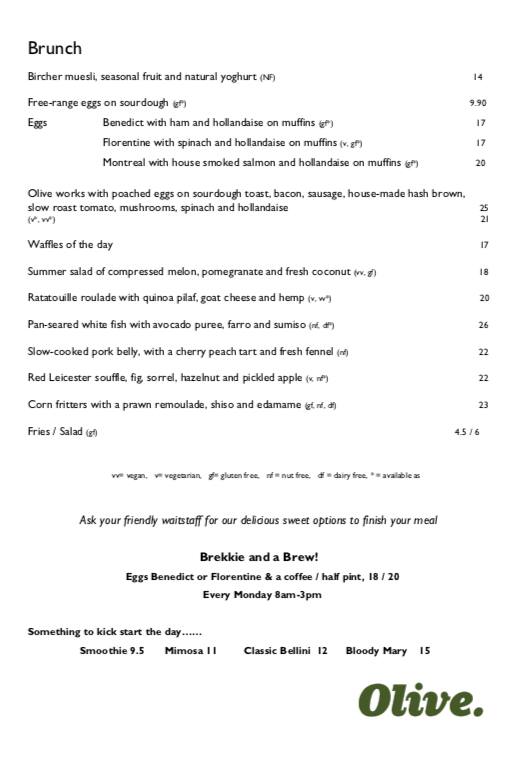 Menu at Olive cafe, Wellington