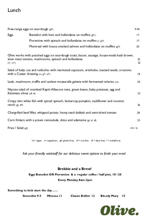 Menu at Olive cafe, Wellington