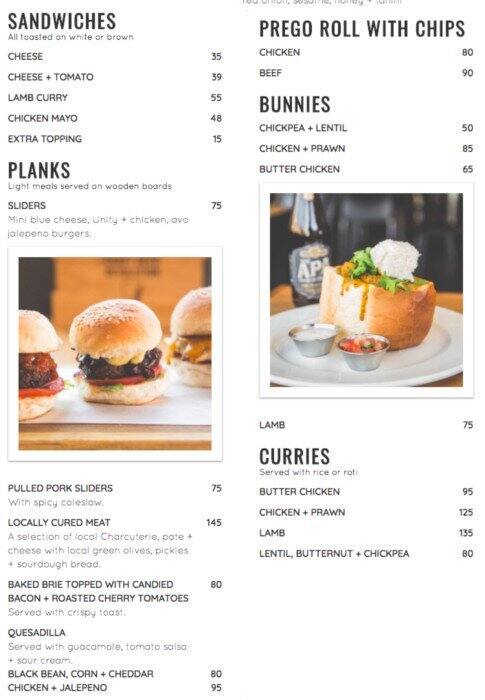 Menu at Unity Bar & Brasserie, Durban
