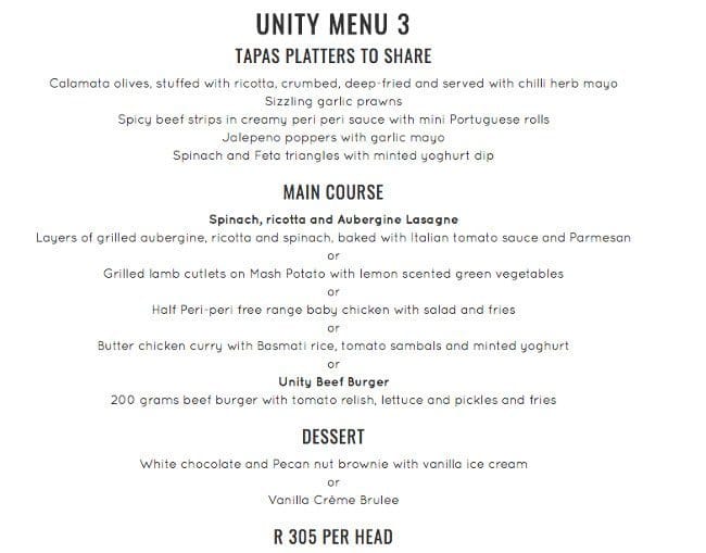 Menu at Unity Bar & Brasserie, Durban