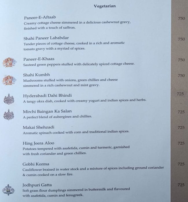 Menu at 1135 AD, Jaipur