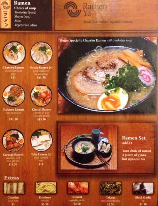 Menu at Ramen Ya restaurant, Melbourne, 108 Bourke St