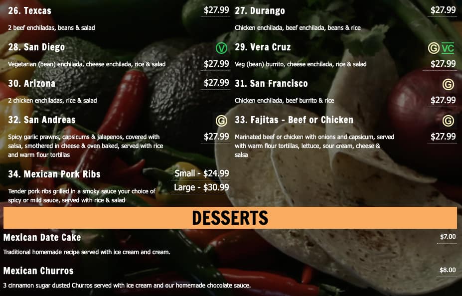 Menu at Montezuma's restaurant, Surfers Paradise