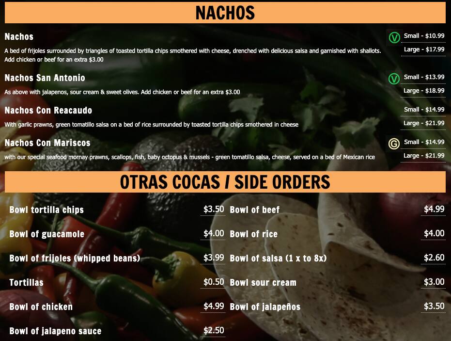 Menu at Montezuma's restaurant, Surfers Paradise