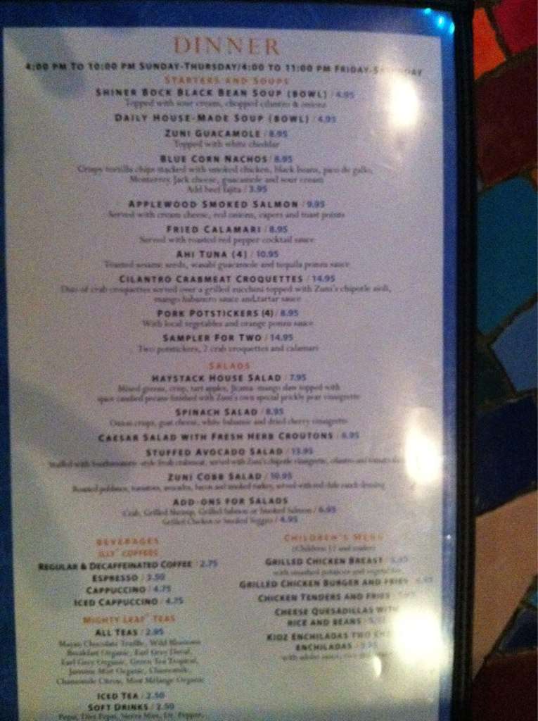 Zuni Grill Menu, Menu for Zuni Grill, Riverwalk, San Antonio