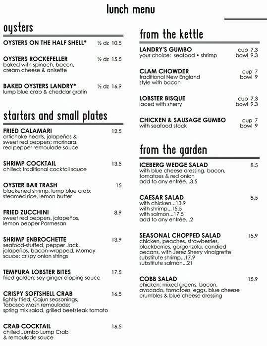 Landry's Seafood Menu, Menu for Landry's Seafood, Riverwalk, San