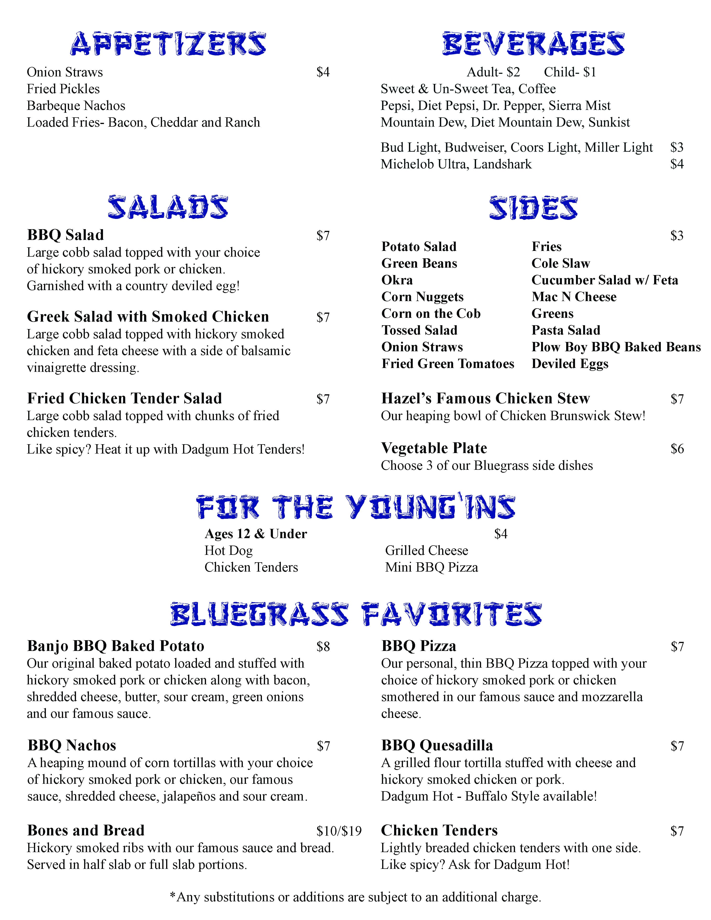 Bluegrass Barbeque Menu, Menu for Bluegrass Barbeque, Moody, Birmingham ...