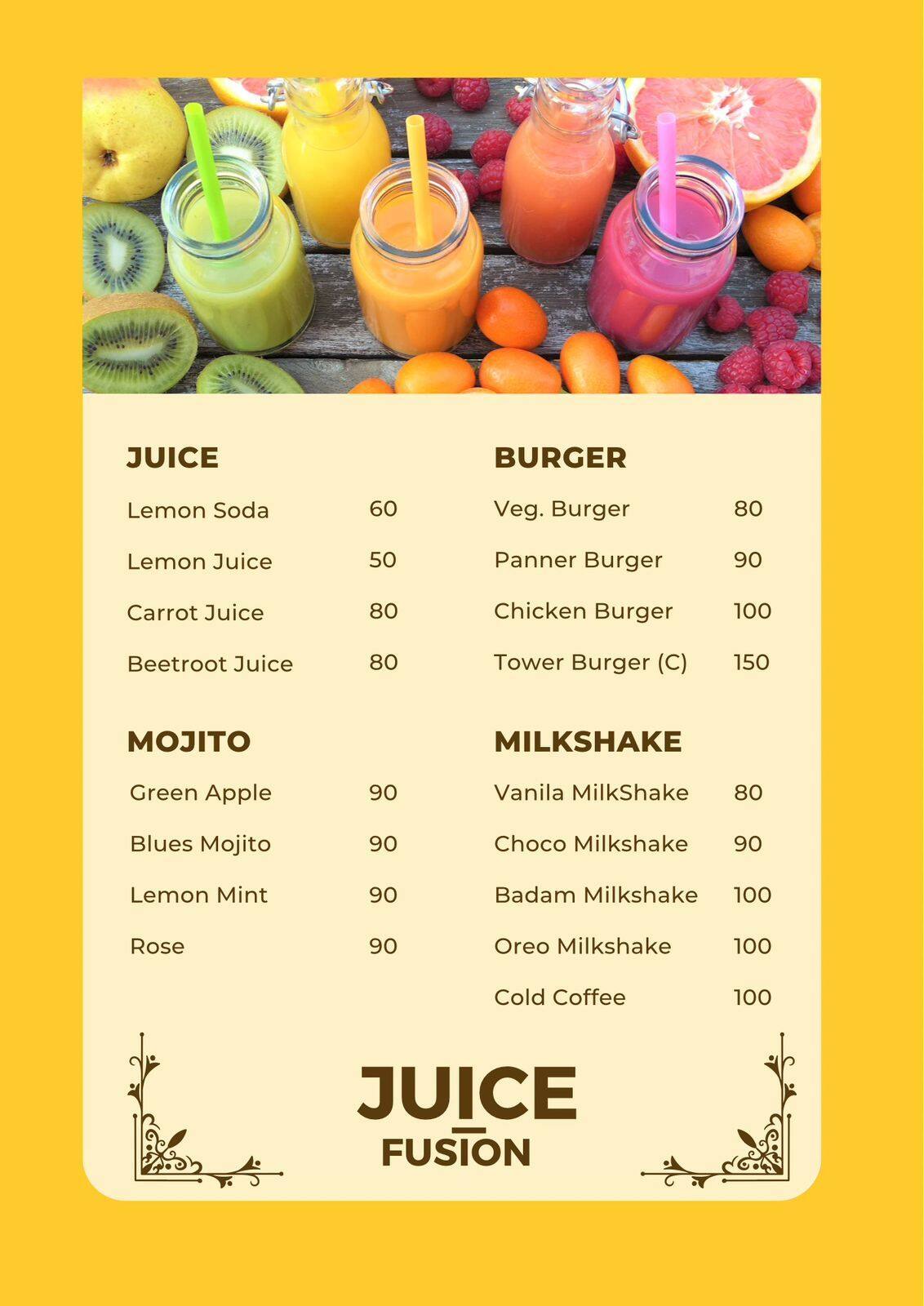 Menu of Juice Fusion, Kolathur, Chennai