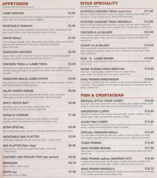 Sitar Menu, Menu for Sitar, Strand, London Zomato UK