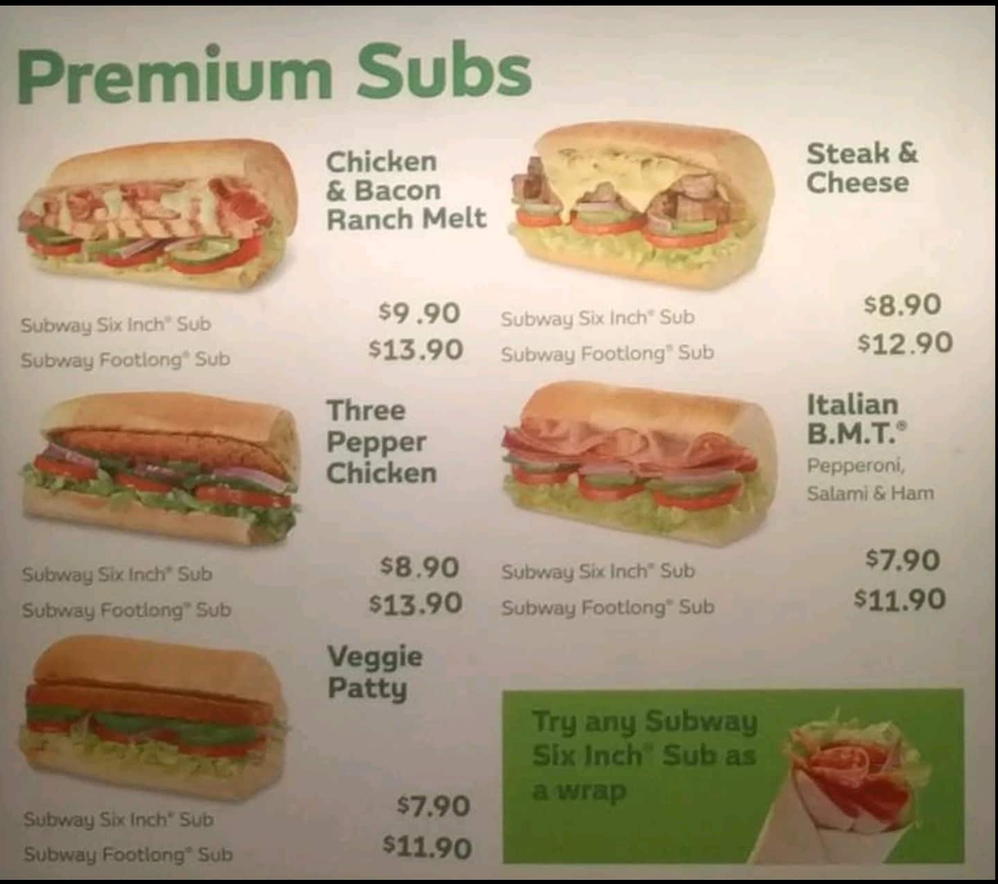 Menu at Subway restaurant, Auckland, b5/220 Lincoln Rd