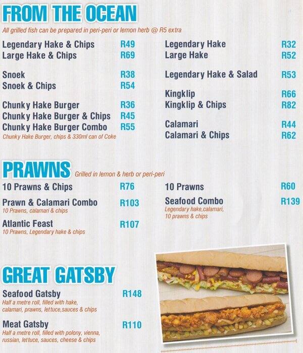 Menu au Jimmy's Killer Fish & Chips restaurant, Pretoria, Shop no.37