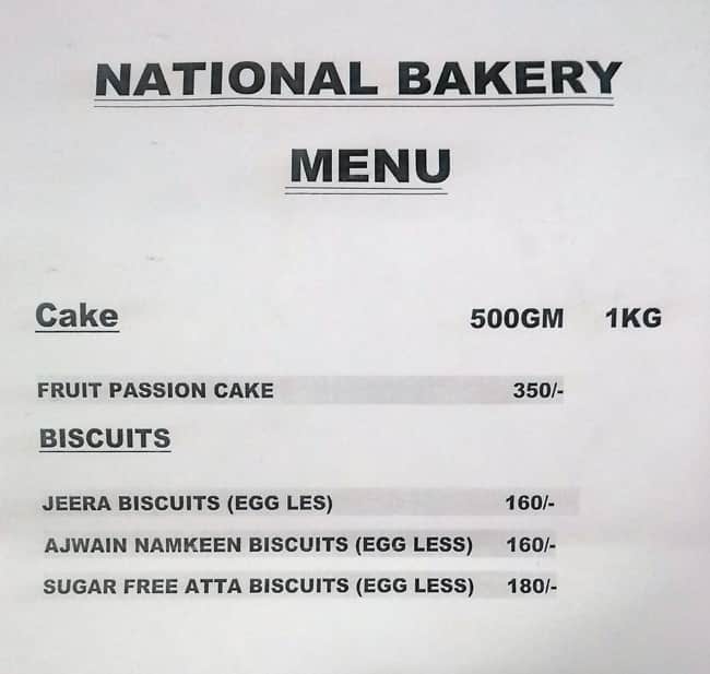 National Bakery menu