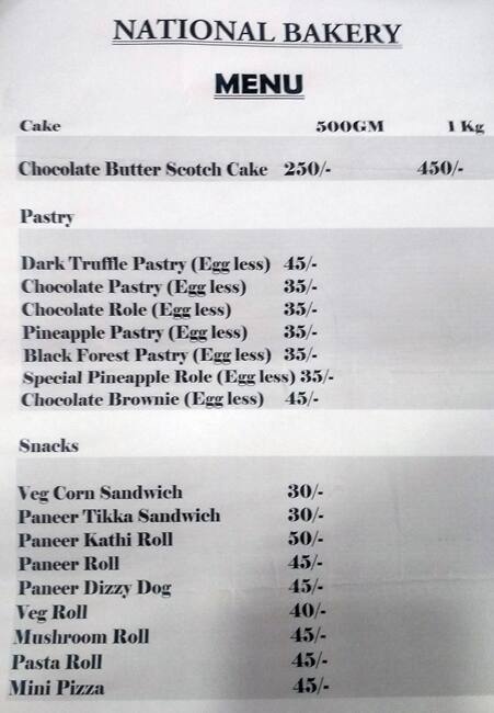 National Bakery menu