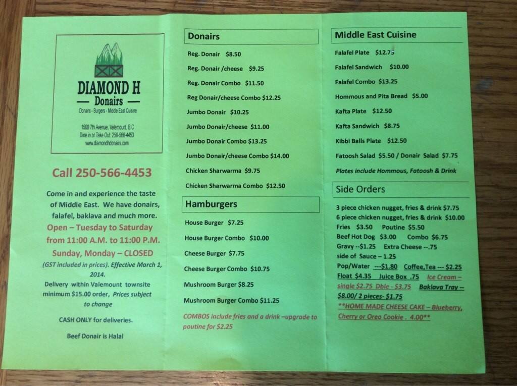 Diamond H Donairs Menu, Menu for Diamond H Donairs, Valemount