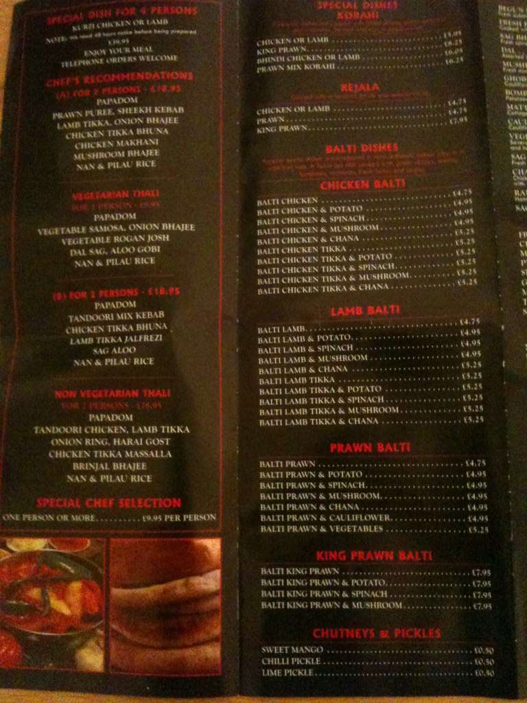 Menu at Ruhi Balti restaurant, Birkenhead