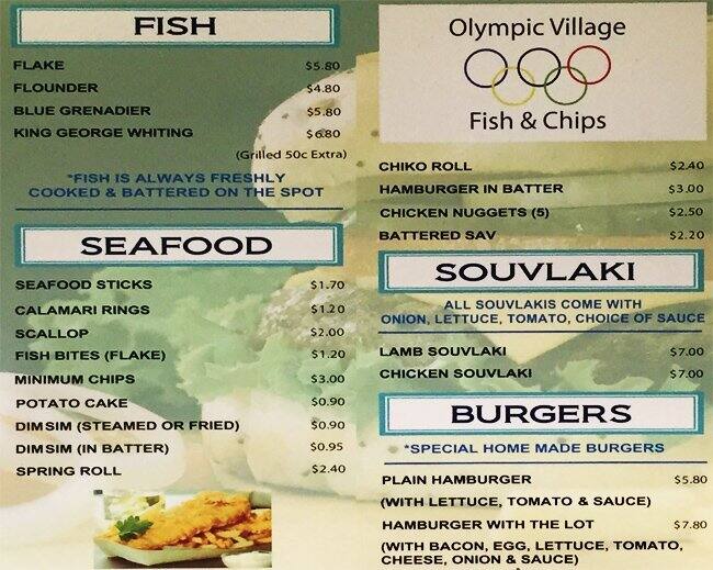 Olympic Village Fish & Chips Menu - Urbanspoon/Zomato