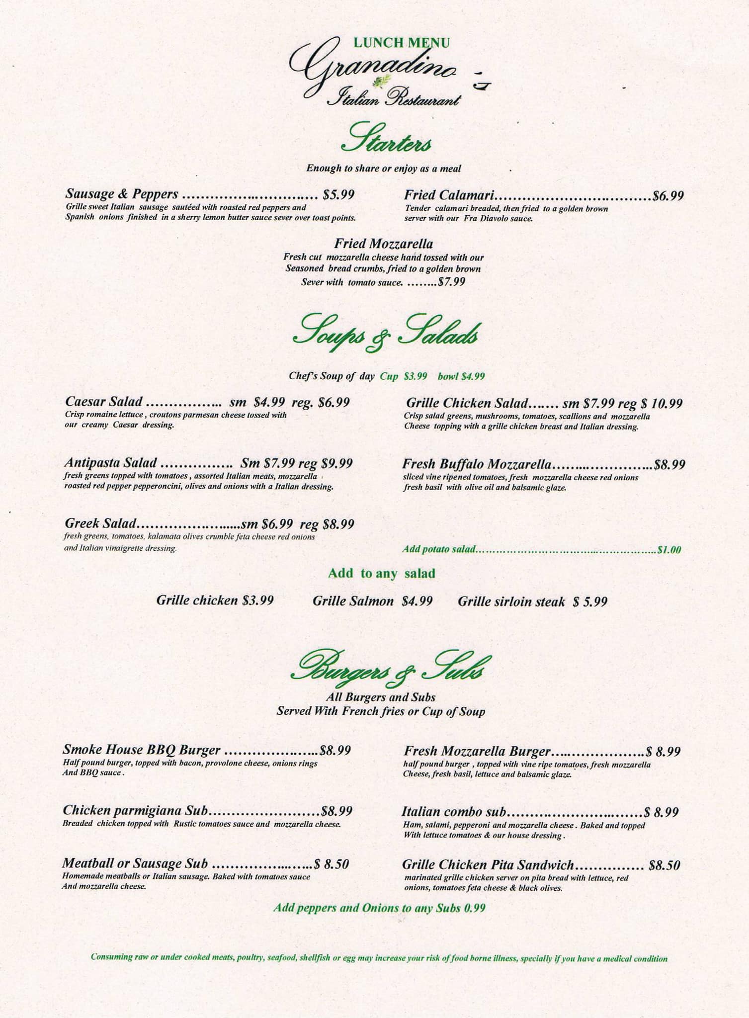 Menu at Granadino's Italian Restaurant, Clearwater, Drew St