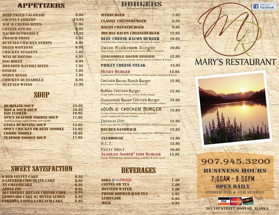 Menu at Mary's Restaurant, Hoonah