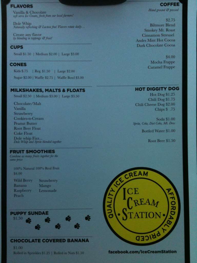 Ice Cream Station menu, Menu restauracji Ice Cream Station