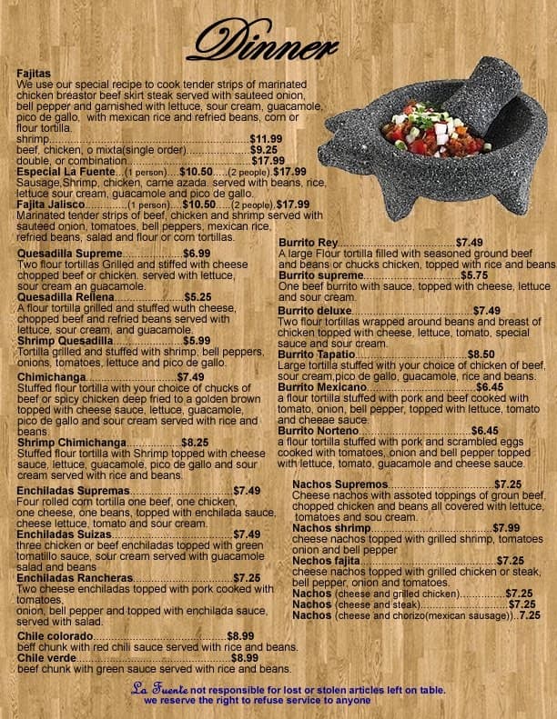 Menu At La Fuente Mexican Rest Restaurant Lebanon