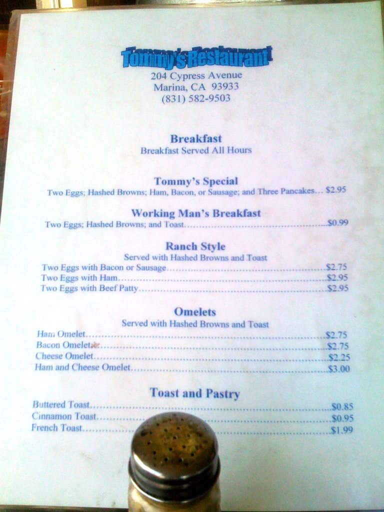 Tommy's Restaurant Menu, Menu for Tommy's Restaurant, Marina, Monterey