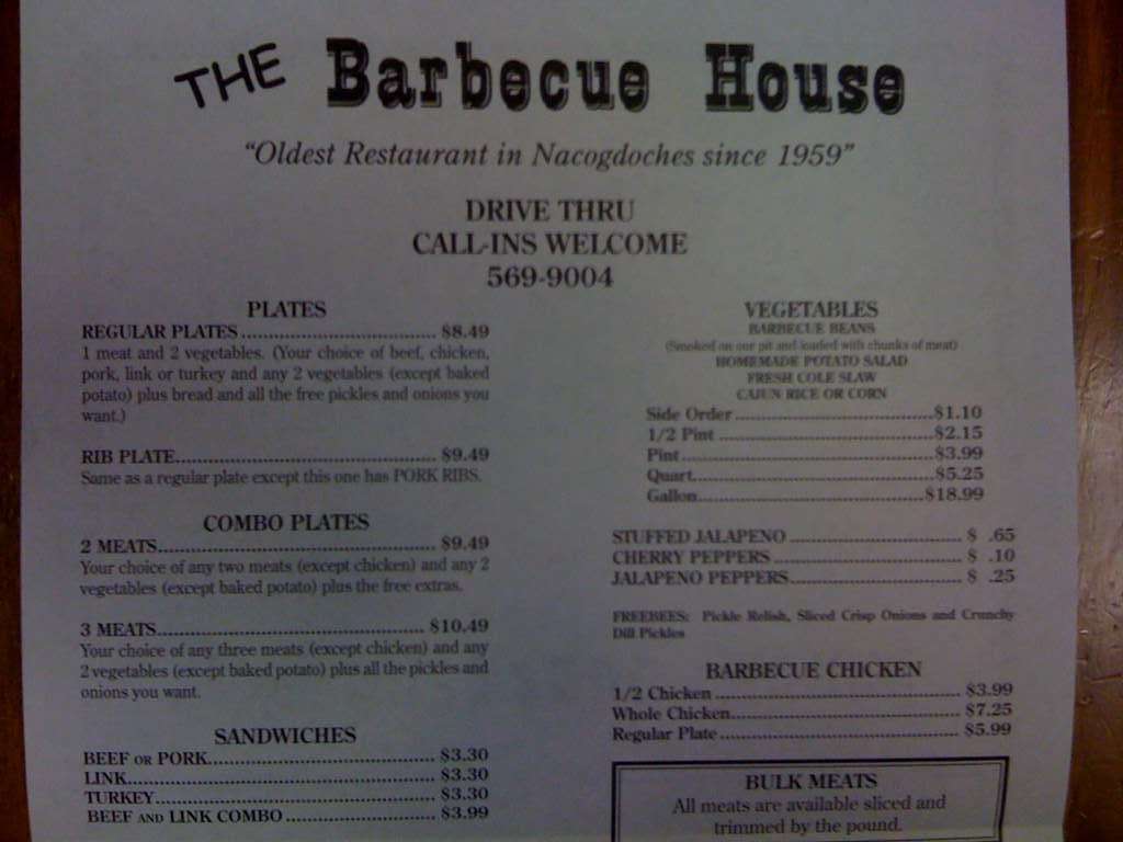 Barbecue House Menu, Menu for Barbecue House, Nacogdoches, Nacogdoches