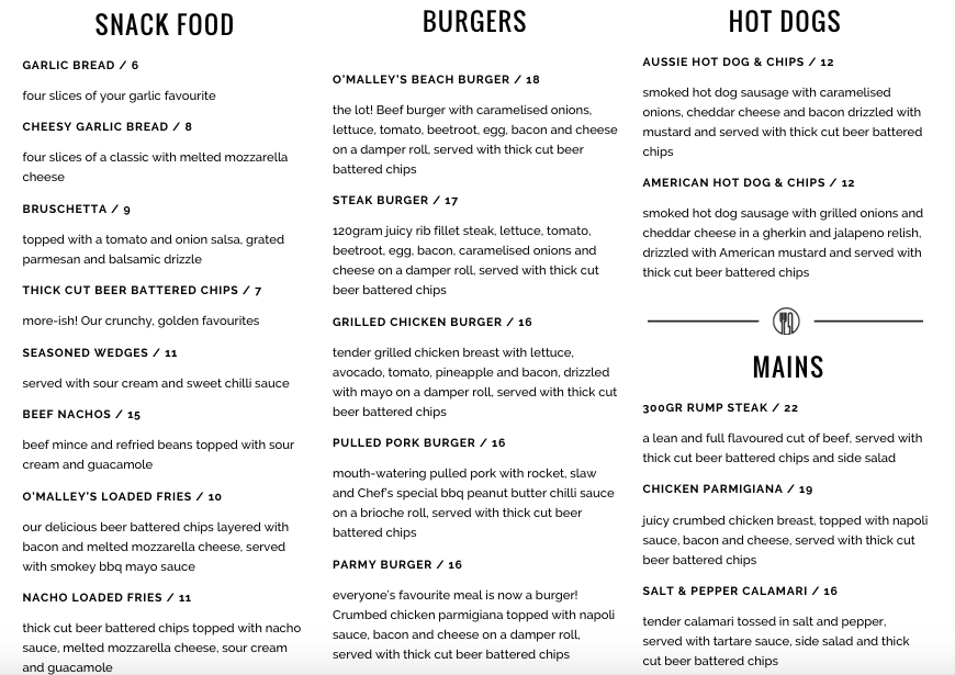 O'Malleys Menu, Menu for O'Malleys, Surfers Paradise, Gold Coast