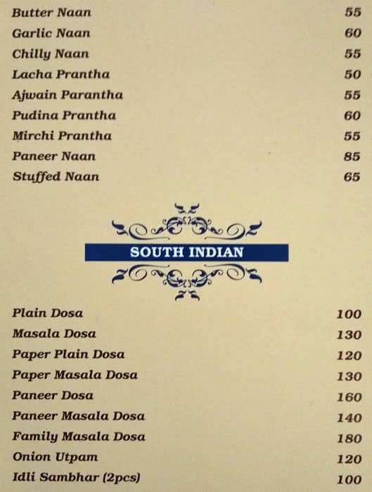 Hotel Moti Palace, Agra menu
